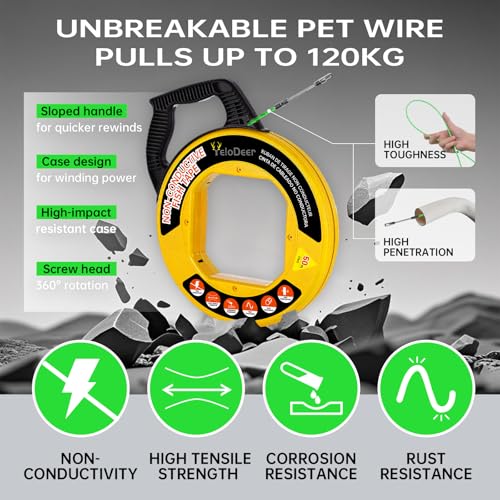 Fish Tape Wire Puller 50 FT x 4.5 mm with Gloves, PET Wire Fishing Tools for Walls and Electrical Conduit - size: 50 ft