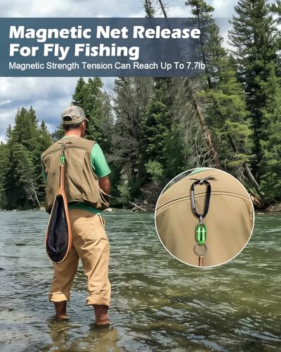 Magnetic Net Release for Fly Fishing, Aluminum Magnetic Quick Release Keychain, Fly Fishing Net Magnet Holder Retractor with Carabiner - color: GREEN-2PC