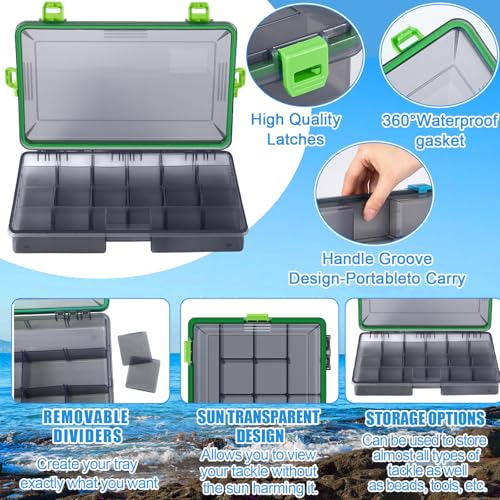 Wonderjune 6 Pack Fishing Tackle Boxes Waterproof 3600 and 3700 Tackle Trays with Removable Dividers Plastic Storage Organizer Bait Vault Camouflage Box for Freshwater Saltwater (Green,3700) - color: Green, size: 3700