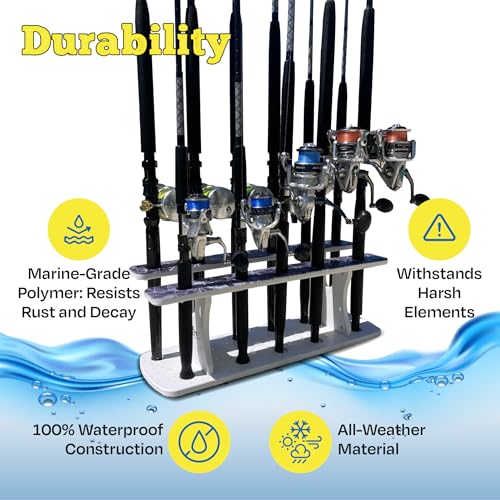 Rush Creek Creations Reel Salty Gray/White/Blue 11-Rod Marine Grade Fishing Rod Holder - Bi-Level Design, UV-Resistant, 100% Waterproof for Garage and Dock - size: 11-Rod