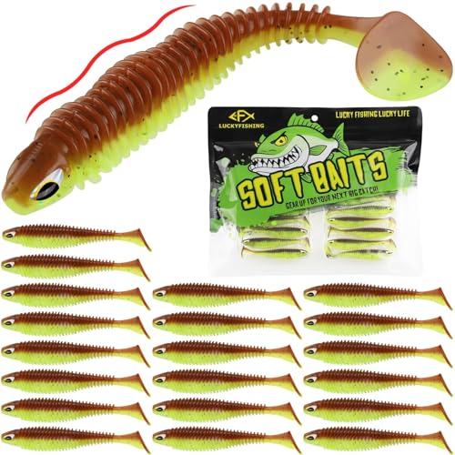 LUCKYFISHING Paddle Tail Swimbaits 10/16/20 PCS Fishing Lures Soft Plastic Lures for Trout Crappie Walleye Soft Baits for Bass Fishing Freshwater Saltwater 4.1/3.5/3/2.5 Inch - color: Green Pumpkin Chartreuse, size: 2.5 inch-20pcs