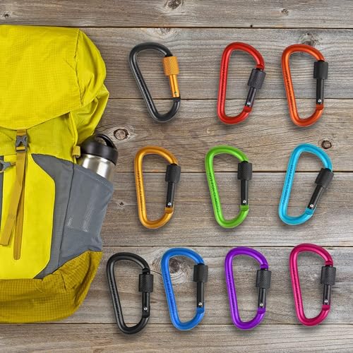 10 Pack 3Inch Aluminum D Ring Key Rings Hiking Clips Locking Carabiner for Hiking Camping Fishing and Outdoor Use，Clips with Screw Gate Multicolored - color: Multi-Color
