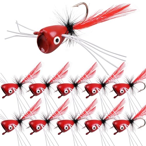 Fly Fishing Popper Lures Kit,Bass Poppers Flies Dry Fly Fishing Flies Panfish Bluegill Popper Bait Bug with Hooks for Freshwater - color: Red-10pcs
