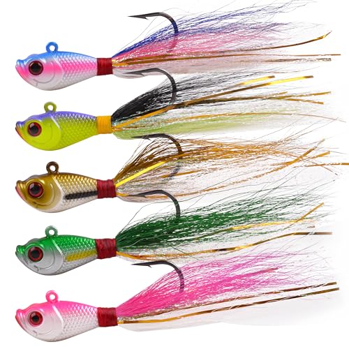 Bucktail Jigs Saltwater Fishing Lures, 5pcs Premium Bucktail Hair Jigs Head Saltwater Striper Lures for Bass Flounder Bluefish Halibut Redfish Surf Fishing 1/4oz 1/2oz 1oz 1.5oz 2oz - color: Mixed Colors, size: 1.5oz