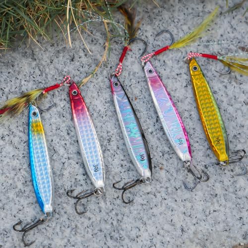 Fishing Spoons Lures Saltwater Jigging Lures with Ultra-Sharp Hooks Micro Jigging Bait for Bass Tuna Salmon Grouper 5PCS