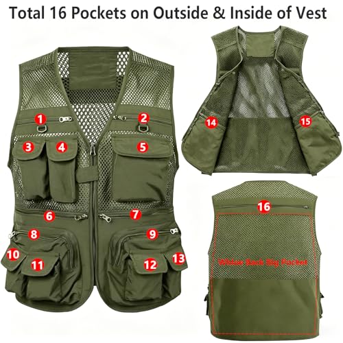 HUNTURE Fishing Vest,Pocket Vest and Hat Gloves Neck Gaiter Set for Men,Lightweight Utility Outerwear Vest - color: Green, size: X-Large