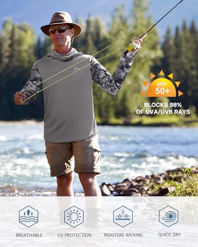 FISHEAL Men's Performance Fishing Hoodie Shirt - UPF 50+ UV Sun Protection Long Sleeve Shirts with Mesh Face Mask - color: Steel Gray Camo, size: XX-Large