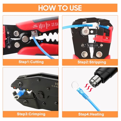 Kuject Crimping Tool Kit with 340 PCS Heat Shrink Connectors | AWG 22-10, Portable All-in-One Case, Ratchet Crimper, Self-Adjusting Wire Stripper , Butt, Ring, Female & Male Connectors