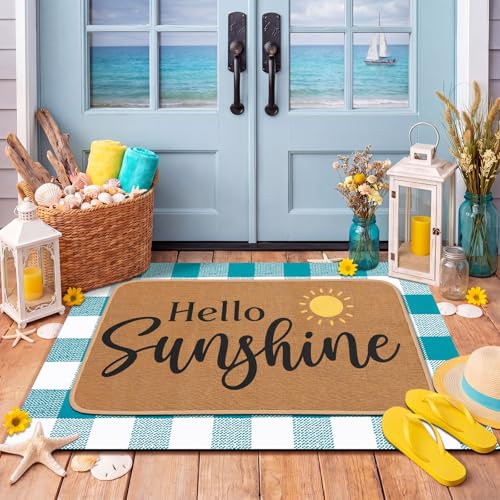 Tinideya 2 Pcs Hello Sunshine Door Mat Outdoor Layering Summer Welcome Mat for Front Door Rubber Linen Teal Blue White Buffalo Plaid Entrance Rug Summer Decor for Front Porch Outside Decor - size: 16 x 28 Inch,24 x 35 Inch, style: Hello Sunshine and Buffa