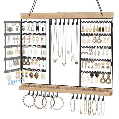 Feyejade Large Rotating Hanging Jewelry Organizer, 5-Tier Earring Holder Storage Holds up to 180 Pairs, Wall Mounted Jewelry Rack for Earrings, Necklaces, Bracelets and Rings, for Girls, Black - color: Black, size: Extended