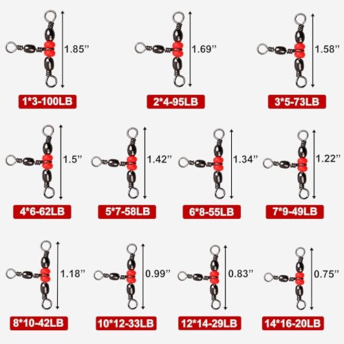 OROOTL 3 Way Swivel Fishing Tackle, 60pcs T Turn Three Way Fishing Swivels Black Nickel Plated Cross Line Barrel Triple Swivels for Catfish Rig Saltwater Freshwater - size: Size 10*12 -33LB
