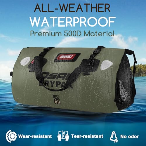 OSAH DRYPAK Waterproof Duffel Bag - Motorcycle Dry Bag Tail Bag with Large Storage Space, Waterproof Luggage Duffle Bags with Outer Mesh Zipper Pocket for Camping, Kayaking, Fishing & Traveling - color: Olive, size: 60L