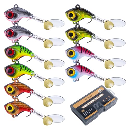 Goture Fishing Lures VIB Tail Spinners Bait Set, Two-Way Spinning Spoon System with Kona Treble Hook, Fixed Tube Anti-Tangle, 3D Eyes Sinking Lures with Tackle Box, Fishing Jigs Fishing Spinner Blade - color: 1/2 oz - 10 Pcs with Box 2.0