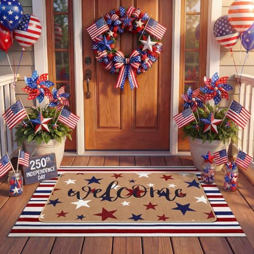 Tinideya 2 Pcs 4th of July Patriotic Door Mat Outdoor 250th Anniversary Welcome Front Door Mat Layered Red White Blue Stars Stripes Entryway Rug Non Slip Independence Day Decor for Front Porch Outside - size: 16 x 28 Inch,24 x 35 Inch, style: Star