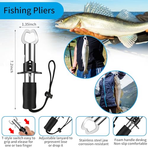 Fishing Tool Kit - 112pcs Fishing Gear & Equipment, Fish Pliers, Hook Remover, Scale, Scissors, Lip Gripper, Lures - color: Black