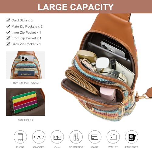 cakang Womens Sling Bag Crossbody Bags for Women Vegan Leather Sling Backpack Daypack Fanny Pack Crossbody Purse Travel - color: 7-rainbow Weaving-brown