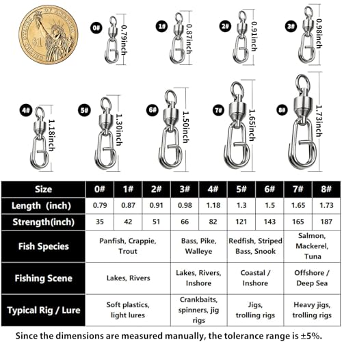 FishTrip Fishing Ball Bearing Swivel with Oval Split Rings, 25/50 Pack High Strength Stainless Steel Fishing Swivels & Snaps Quick Change Snap Swivels Fishing Tackle Split Rings Saltwater Freshwater - size: 3#_66lbs