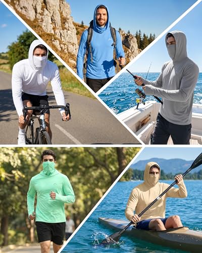 FISHEAL Men's Performance Fishing Hoodie Shirt - UPF 50+ UV Sun Protection Long Sleeve Shirts with Mesh Face Mask - color: Blue, size: X-Large