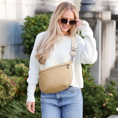 KALIDI Woven Crossbody Bags for Women Travel Vegan Leather Fanny Packs for Woman Cross Body Purse Fashion Belt Bum Bag with Wide Strap - color: Light Khaki