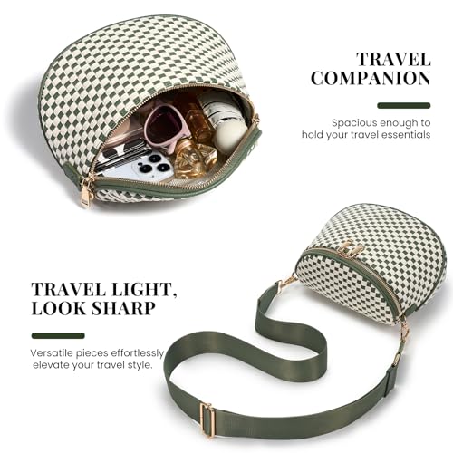 Woven Vegan leather Crossbody Bags For Women, Checkered Fashion PU Bum Bag Waist Pack, Travel Sling Purse with Adjustable Strap（Bean Green) - color: White and Bean Green