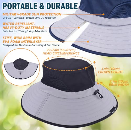 Wide Brim Sun Bucket Hat, Waterproof Boonie Hat for Men & Women | UPF 50+ UV Protection, Adjustable Fit, Chin Strap & Sweatband, Foldable Durable for Fishing Hiking Garden Beach - color: 02 Light Grey+black