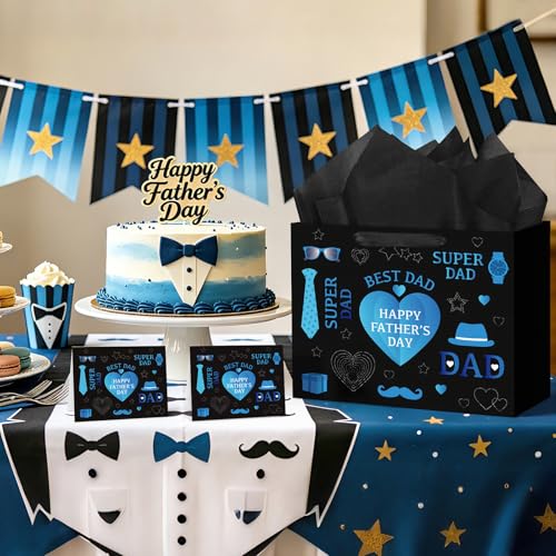 Hooqict Large Father’s Day Gift Bag Daddy Gift Wrap Bag with Handles, Tissue Paper, Greeting Cards for Best Dad Husband Grandfather Happy Fathers Day Celebrations Party Decorations - color: Father