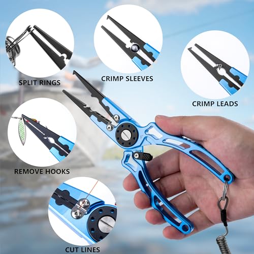 FLISSA Fishing Pliers, Safety Lock Design Fish Pliers Saltwater, Aluminum Hook Remover, Titanium 6Al-4V Jaw and Tungsten Carbide Line Cutters, Sheath & Lanyard, Fishing Gear Gifts for Men - size: 8-inch