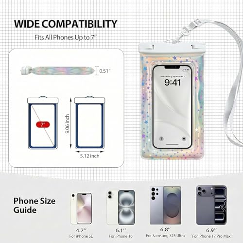 Floatable Waterproof Phone Pouch/Case with Crossbody Lanyard for iPhone 17 16 Pro Max/15/14, IP68 Cellphone Dry Bag Beach Cruise Ship Essentials, 1 Pc-Iridescent Star Style-7″ - color: A7-Iridescent star style