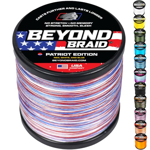 Beyond Braid Braided Fishing Line -Super Strong - Abrasion Resistant - No Stretch -Blue Camo, Moss Camo, White, Green, Pink, Blue, 4 Strand 8 Strand - color: Patriot, size: 20LB (300 Yards)