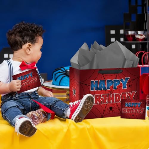 Hooqict Spider Gift Bag Happy Birthday Gift Wrapping Bag with Handles, Tissue Paper, Greeting Card for Kids Boys Teens Men Goodie Candy Treat Gift Box Spider Web Birthday Party Favors - color: Spider