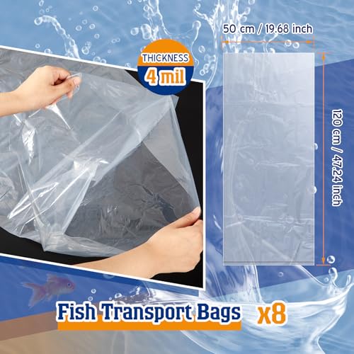 8 Pcs Clear Plastic Real Fish Transport Bags Large Leak-proof 20" x 48" 4 Mil Shipping Bags for Live Koi Fish Heavy Duty Container for Storing and Transporting