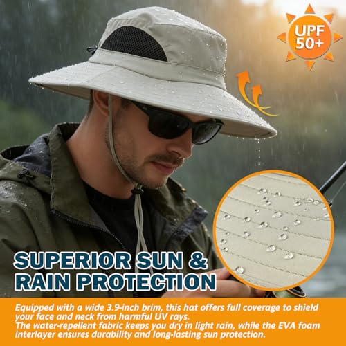 Wide Brim Sun Bucket Hat, Waterproof Boonie Hat for Men & Women | UPF 50+ UV Protection, Adjustable Fit, Chin Strap & Sweatband, Foldable Durable for Fishing Hiking Garden Beach - color: 01 Beige