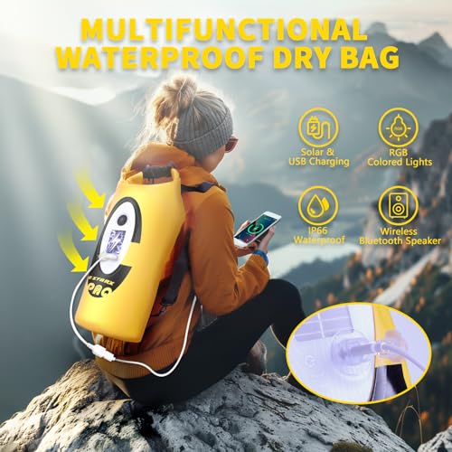 FELICON Waterproof Dry Bag Backpack with Bluetooth Speaker, 20L Roll Top Floating Sack, Solar & USB-C Powered Emergency Charger, RGB Light, Heavy Duty PVC for Kayaking Camping, Yellow - color: Yellow, size: 20L