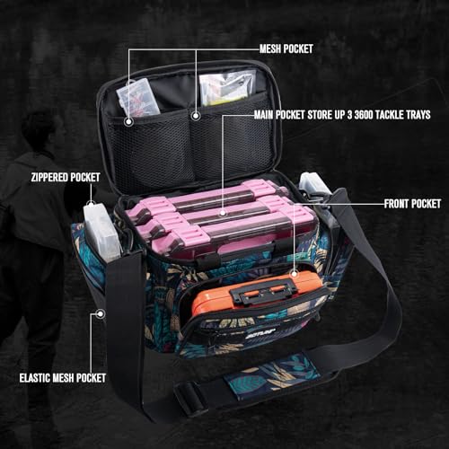 Goture Fishing Tackle Bag with 3pcs 3600 Pink Tackle Boxes,600D Water-Resistant Soft Side Cross Body Sling Fishing Bag, Small Saltwater Gear Storage Tactical Bags, Gifts for Men/Women - color: A1:Blue Leaf with 3 Pink Tackle Boxes, size: Small
