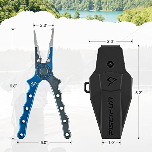 Piscifun Saltwater Fishing Pliers, Aluminum, Split Ring, Braid Cutter | Hook remover, tungsten carbide blade, spring-loaded jaws, ergonomic grip, sheath and lanyard - color: Blue, style: Rubber Sheath