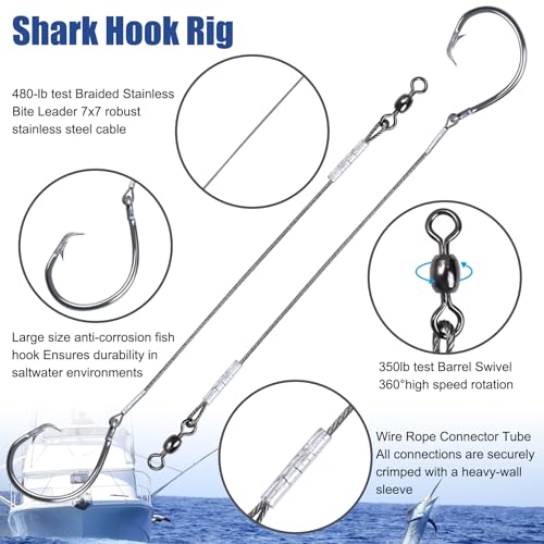 2 Pack Pre-Tied Shark Fishing Hook Rigs Heavy Duty Stainless Leader Wire and Big Game Circle Hooks 14/0 16/0 18/0 Ideal for Deep Sea Fishing Shark Tuna Halibut - size: 18/0 - 2 PCS
