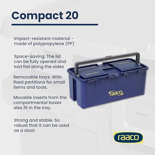 Raaco Tool Box with Removable Trays – Durable Plastic Polypropylene (PP) Organizer with Handle, Stackable & Lockable, 66 lb Load Capacity (Compact 20) - style: Close