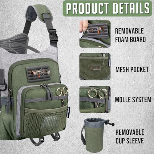 QulayQualy Fly Fishing Pack - Chest Pack with Work Station Lightweight Tackle Fishing Bag with Quick-Release (Green, L-12'' w/Cup Sleeve) - color: Green, size: L-12''