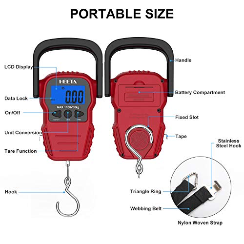 HEETA Fish Scale with Backlit LCD Display, Up to 110lb/50kg Digital Portable Hanging Fish Weight Scale with Hook & Measuring Tape for Home, Farm, Outdoor, Hunting, Fishing, 2 AAA Batteries Included - color: Red