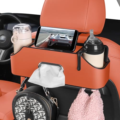 Car Rear Backseat Extra Multifunctional Drink Cup Holder Organizers with Tissue Storage Box Organizer & Hooks for Car Seat Back. Orange - color: Orange