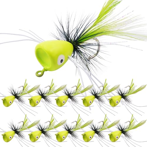 Fly Fishing Popper Lures Kit,Bass Poppers Flies Dry Fly Fishing Flies Panfish Bluegill Popper Bait Bug with Hooks for Freshwater - color: Green-10pcs