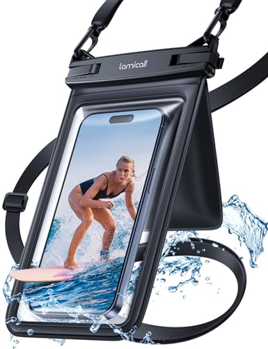 Lamicall Double Pocket Waterproof Phone Pouch - IPX8 Dry Bag - Privacy Storage for Card & Key - Cruise Ship, Beach Essentials for iPhone 17 16 15 14 13 Pro Max, Galaxy S25, for Bulky Cases up to 7.5" - color: Black