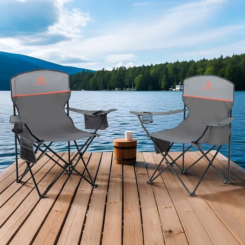 ALPHA CAMP 2-Pack Camping Chair with Cooler Bag, Heavy Duty 250lbs Capacity Folding Chair with Lumbar Support & Side Pocket, Portable Quad Chairs for Beach Fishing Tailgating & Sideline Sport - color: Light Gray