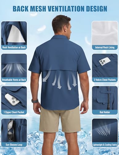 WULFUL Men's Sun Protection Fishing Shirts UPF 50+ Lightweight Quick Dry Cooling Short Sleeve Shirts for Work Hiking Safari - color: Blue, size: Large