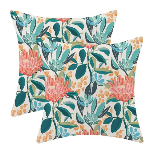 AEIOAE Floral Pillow Covers 16 x 16 Inch Set of 2, Green Coral Orange Flower Leaves Print Decorative Outdoor Throw Pillow Covers Linen Farmhouse Teal Blue Pillowcase for Couch Home Sofa Decor - color: Outdoor Floral1, size: 16" x 16" (Pack of 1)