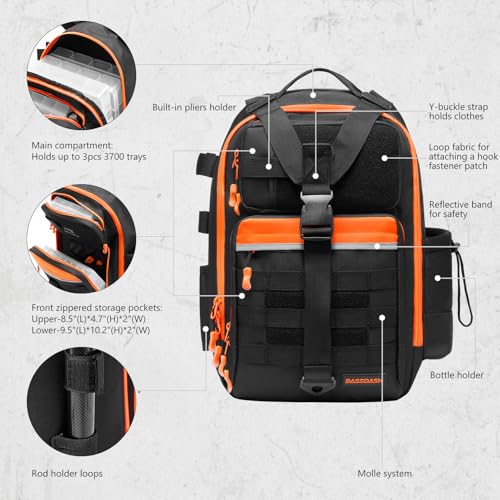BASSDASH Convertible Fishing Backpack Sling Bag with Rod Holder, Adjustable Tactical Water-Resistant Tackle Storage Pack FP07 - color: Black/Blaze Orange, size: Large