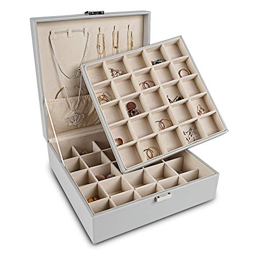 Frebeauty Earring Organizer Classic Jewelry Box 50 Slots Double Layer Jewelry Storage Case with 6 Necklace Hook and Bracelet Pocket(Grey) - color: Grey