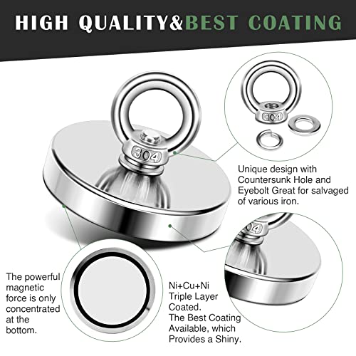 DIYMAG Super Strong Neodymium Fishing Magnets, 1200 Lbs 544 KG Pulling Force Rare Earth Magnet with Countersunk Hole Eyebolt Diameter 3.94 inch(100mm) for Retrieving in River and Magnetic Fishing - size: 100mm