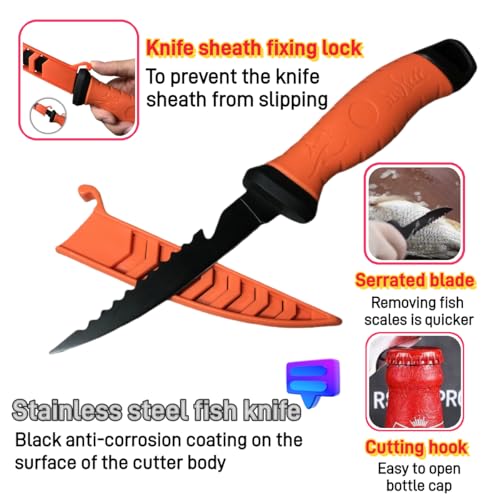 2PCS fillet knife Set, 5 & 7 inch Stainless Steel filet knife for fish, Fishing Gear, Fishing Tool Set, Fishing Accessories Gifts, Non-Slip Handles, with Sharpener and Cutting Resistant Gloves, Orange - color: 2PCS-Orange