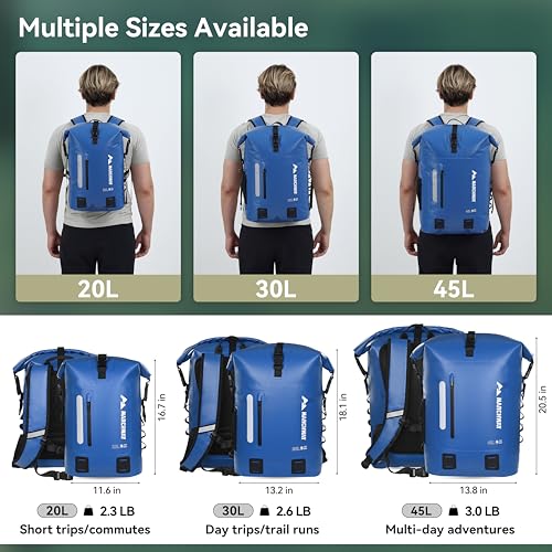MARCHWAY Roll Top Waterproof Backpack, Floating Dry Bag 20L/30L/45L with Ergonomic Rectangular Base, Cushioned Back, Hip Strap for Hiking Camping Kayaking Travel (Blue, 20L) - color: Blue, size: 20L